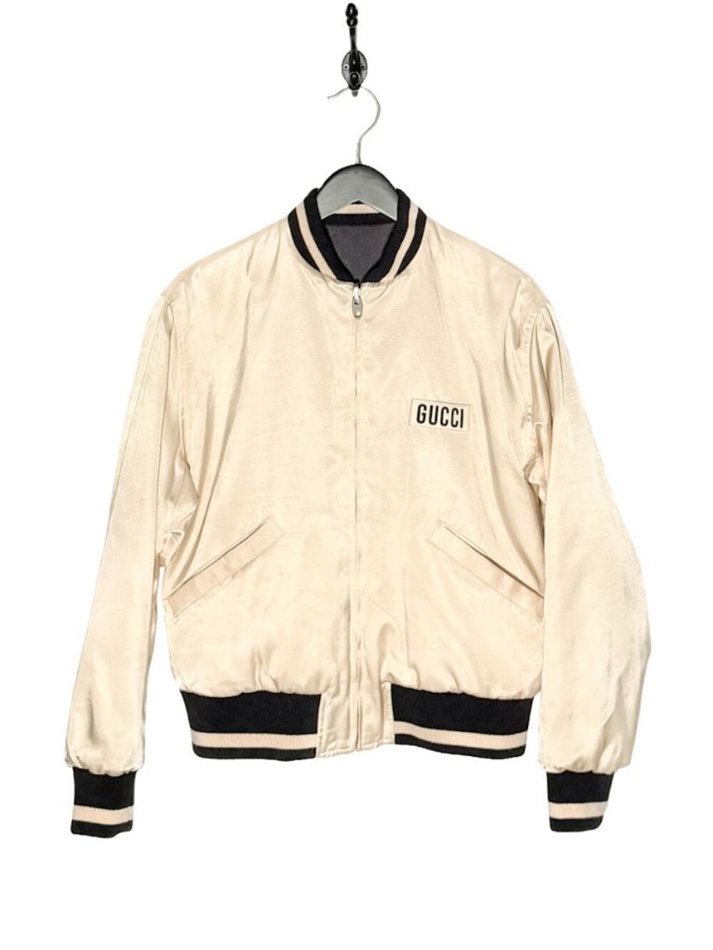 Gucci Reversible Ivory Logo Black GG Jacquard Bomber Jacket